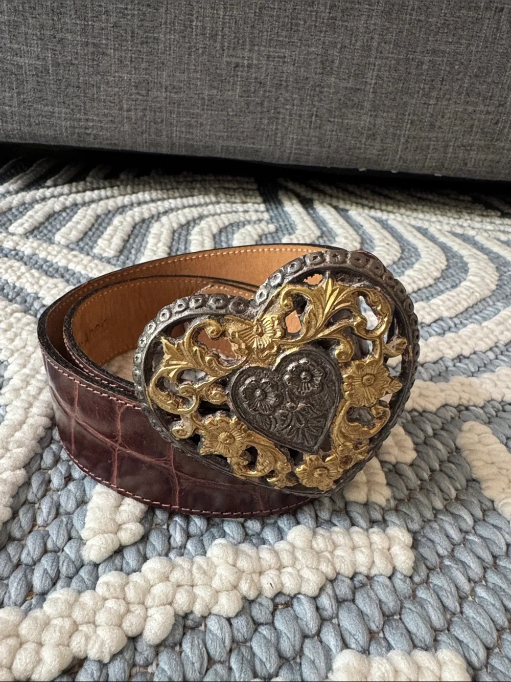 Vintage Streets Ahead Leather Belt Rare Openwork Face Buckle Brown Croc Embossed